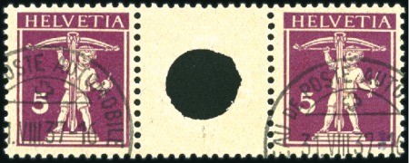 1927 Zwischensteg mit grosser Lochung: 5+5C rotlil