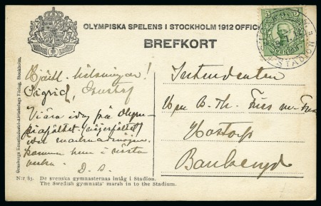 Stamp of Olympics » 1912 Stockholm » LBR. / STADION Cancels 18th DAY: 1912 (Jul 16) "STOCKHOLM / LBR. / STADION" special cancel tying 5ö