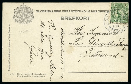 Stamp of Olympics » 1912 Stockholm » LBR. / STADION Cancels 14th DAY: 1912 (Jul 12) "STOCKHOLM / LBR. / STADION" special cancel tying 5ö