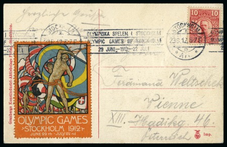 1st DAY: 1912 (Jun 29) Picture postcard with 10ö and official vignette in English tied by the Olympic slogan roller cancel