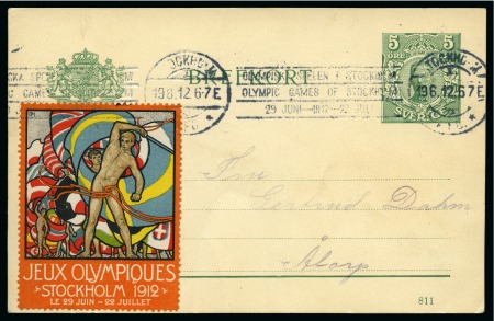 1912 (Jun 19) 5ö postal stationery card with Olympic slogan roller cancel tying official vignette in French