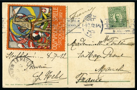 Stamp of Olympics » 1912 Stockholm » Roller Machine Cancels 11th DAY: 1912 (Jul 9) Picture postcard with 5ö and official vignette in German tied by Olympic slogan roller cancel