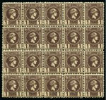 1889-91 1L Deep chocolate brown, perf. 11 1/2, mint block of twenty
