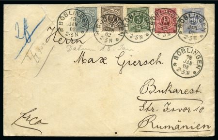 Stamp of Romania » Incoming Mail to Romania 1902 five color franking cover sent from Boblingen to Bucharest