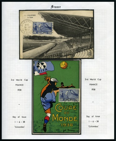 1938 WORLD CUP: Collection written up in an album, with 1F75 proof, picture postcards, autographs, etc.