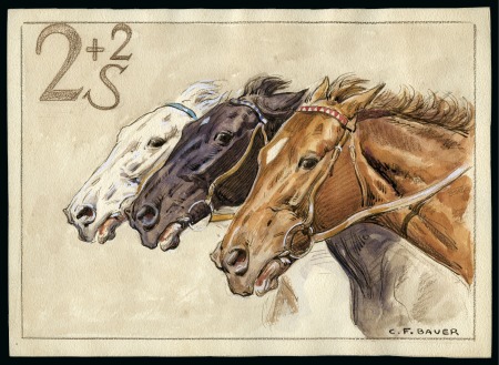 Stamp of Austria 1946 "Austria-Price" horses set, handpainted essay
