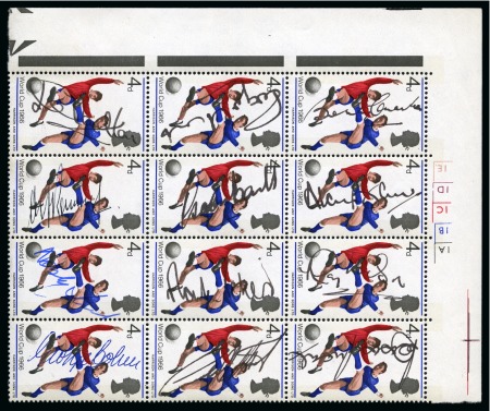 1966 WORLD CUP: GB World Cup set of three in blocks of 12 with each stamp SIGNED BY THE ENGLAND TEAM