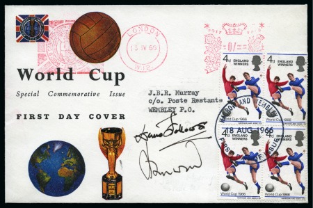 1966 WORLD CUP: First day cover with World Cup machine frank and signed Lord Harewood (FA President) and Denis Fellows (FA Secretary) 
