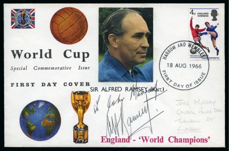 1966 WORLD CUP: Group of modified illustrated official FDCs signed by Alf Ramsey, Bobby Moore, etc.