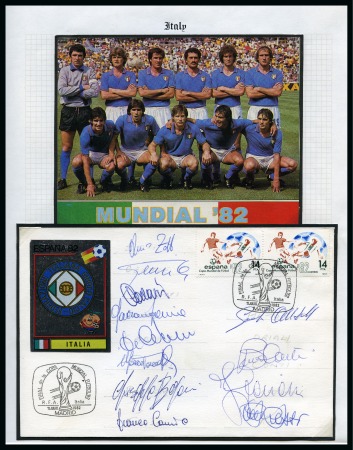 1982 WORLD CUP: Collection written up in 4 albums incl. autographs, stamps, covers, postcards, publicity, etc.,