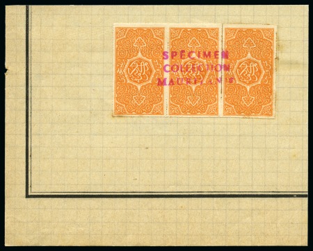 Stamp of Saudi Arabia » Hejaz » 1916-1917 First Design 1917 1/8 Pia. yellow, strip of three affixed to fragment of archive sheet and cancelled "SPECIMEN / COLLECTION / MAURITANIE"