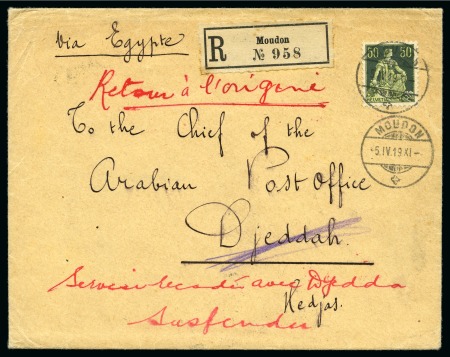 1919 Registered cover from Moudon/Switzerland (5.4)