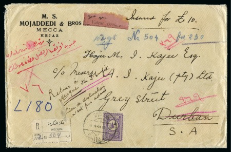 1934 Returned insured letter to S. Africa: Money letter