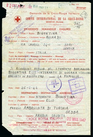 1942, Red Cross mail from Jeddah. Italian Red Cross enquiry form sent to an Italian internee in Saudi Arabia