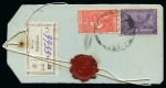 1946 Airmail parcel tag to Switzerland (58 1/2g. rate) nd 1937 registered tag (10g. rate) to Holland