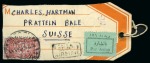 1946 Airmail parcel tag to Switzerland (58 1/2g. rate) nd 1937 registered tag (10g. rate) to Holland
