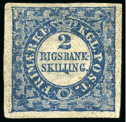 Stamp of Denmark » 2 Rigsbank Skilling 2Rbs Blue, Thiele Printing, plate I, N°20, type 6,