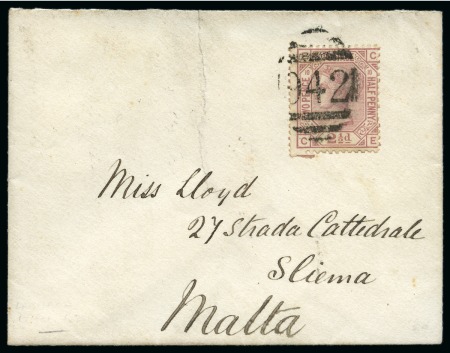 Stamp of Cyprus » British Post Offices 1878 Envelope franked GB QV 2 1/2d rose pl.10 (unoverprinted) to Malta