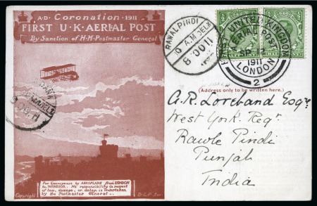 1911 First U.K.Aerial Post card with KGV 1/2d (2) tied by FIRST UNITED KINGDOM / AERIAL POST / LONDON/ SP 12 / 1911 / 2 cds 