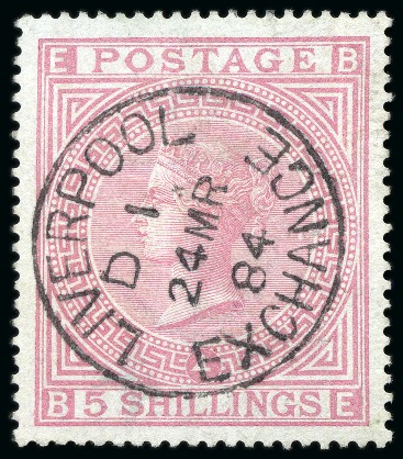 1867-83 Wmk Anchor 5s rose pl.4 on blued paper with crisp and central Liverpool Exchange cds