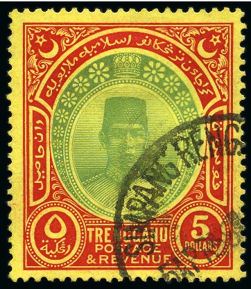 1921-41 Wmk Script CA $5 green & red on yellow with cancel