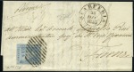 1851-52, 2 cr. azzurro chiaro su grigio, su lettera da Scarperia per Firenze del 23 dicembre 1853, con il rarissimo annullo muto ad undici sbarre inclinate 