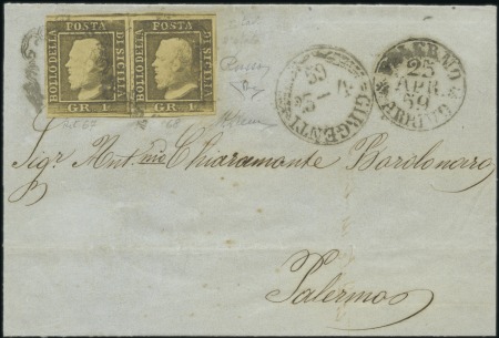1859, 1 gr. bruno olivastro, I tavola, II stato, coppia proveniente dalle posizioni 67 (ritoccato) e 68, margini stupendi, usata su lettera 