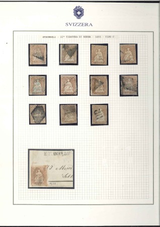 Stamp of Switzerland / Schweiz » Sitzende Helvetia Ungezähnt » 1856-57 Berner Druck (II) C-Ausgabe: Kl. Partie gebrauchte Marken auf Ausste
