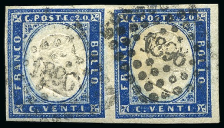 1855-63 20c Blue, pair cancelled on arrival by Mar