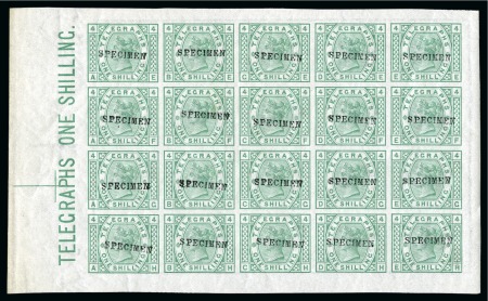 Stamp of Great Britain » Telegraphs 1877 Telegraph 1s green pl.4 in mint nh imperforate pane of 20 with "SPECIMEN" (type 9) overprint