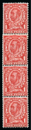 Stamp of Great Britain » King George V » 1911-12 Downey Head Issues 1912 1d Analine Scarlet in mint vert. coil strip of four showing coil join and "No Cross on Crown" variety