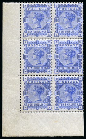 1884 10s Ultramarine mint nh lower left corner marginal block of six