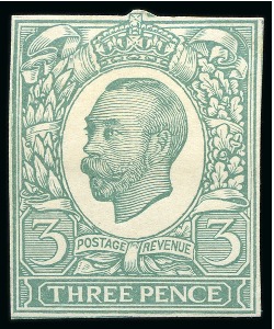 Stamp of Great Britain » King George V » 1911-12 Downey Head Issues 1911 3d Engravers sketch die for the unissued value, cut down die proof used as a colour trial printed in green on thick white paper