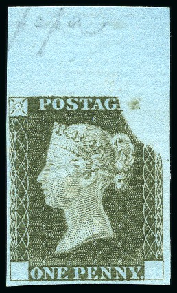 Stamp of Great Britain » Line Engraved Essays, Plate Proofs, Colour Trials and Reprints 1840 1d Rainbow Trial, state 3e, printed in dark olive green on thick bluish paper