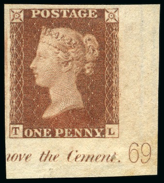 1841 1d Red Brown pl.69 TL imprimatur from the lower right corner of the sheet with plate number and part marginal inscription