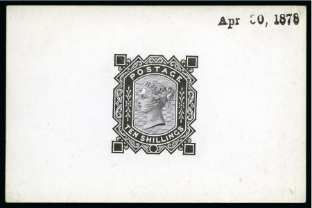 1878 10s De La Rue die proof in black on glossy card without corner letters or plate numbers