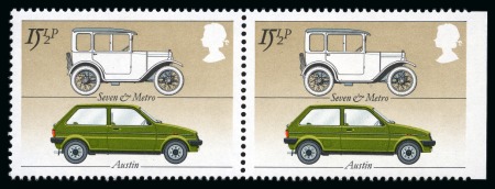 Stamp of Great Britain » Queen Elizabeth II 1982 British Motor Cars 15 1/2p right hand marginal pair showing imperf. at right