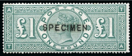 1891 £1 Green TA with SPECIMEN overprint, showing the broken frame variety