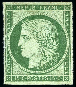 Stamp of France 1849 Cérès 15c vert foncé, neuf sans gomme, TB,