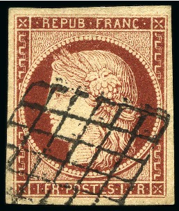 Stamp of France 1849 Cérès 1F CARMIN-BRUN, obl. grille propre, TB,