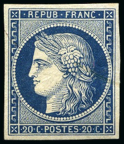 Stamp of France NON EMIS 1849 Cérès 20c bleu foncé, variété petit