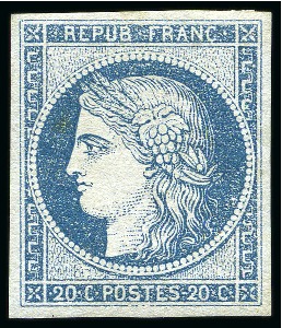 Stamp of France NON EMIS 1849 Cérès 20c bleu sur azuré, neuf avec