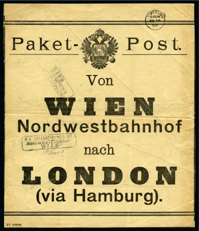 "Paket-Post von Wien Nordwestbahnhof nach London" railway parcel post label