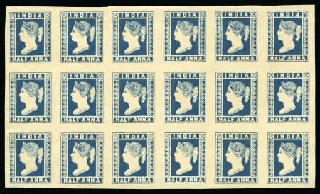 Stamp of India 1894 1/2a Blue reprint block of 18 with SPECIM(EN) on reverse