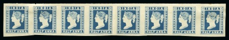 Stamp of India 1894 1/2a Blue reprint strip of 8 with SPECIMEN on reverse