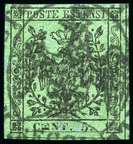 Stamp of Italian States » Modena 1852 5c Green with variety "lying E" of CENT, used
