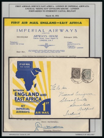 1931 (Mar 10) Imperial Airways first airmail service East Africa-London, official yellow & blue "rising sun" cover