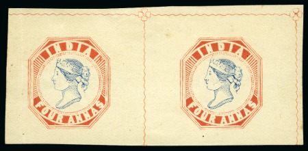 Stamp of India 1891 4a Vermilion and Blue reprint with wavy lines and rosettes in vermilion