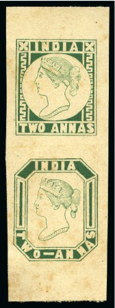 1854 2a Green trial lithograph vertical pair showing two designs