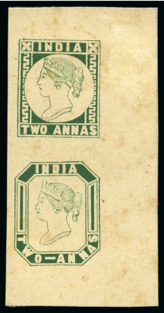Stamp of India 1854 2a Green trial lithograph vertical pair showing rectangular and octagonal designs